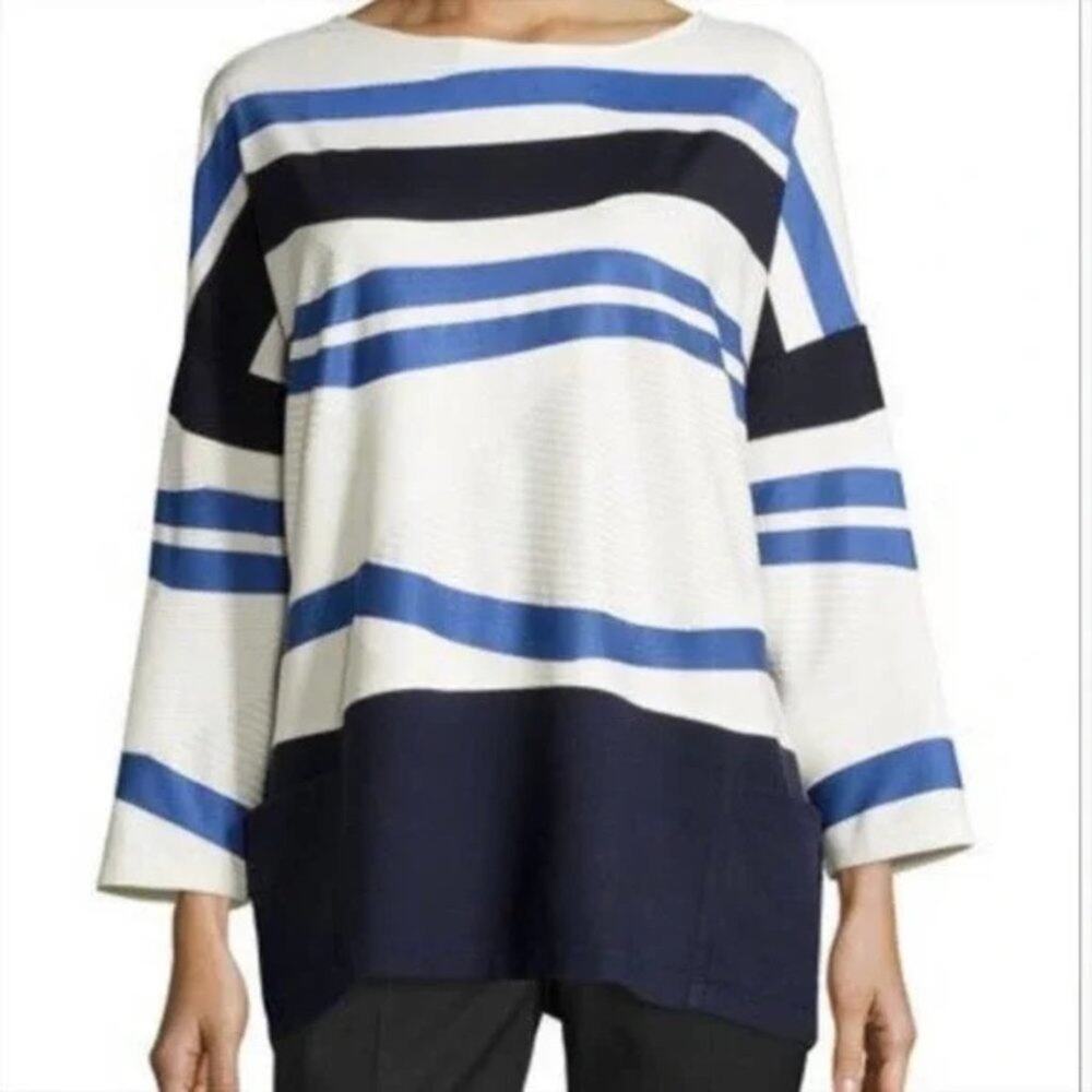 Lafayette 148 Blue and White Multi-Textured Striped Top Size Small Petite
